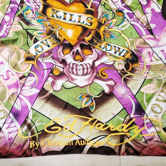 Ed Hardy Y2K Scarf by Christian Audigier Love Kills Slowly Purple Pink Sculls - Picture 1 of 4